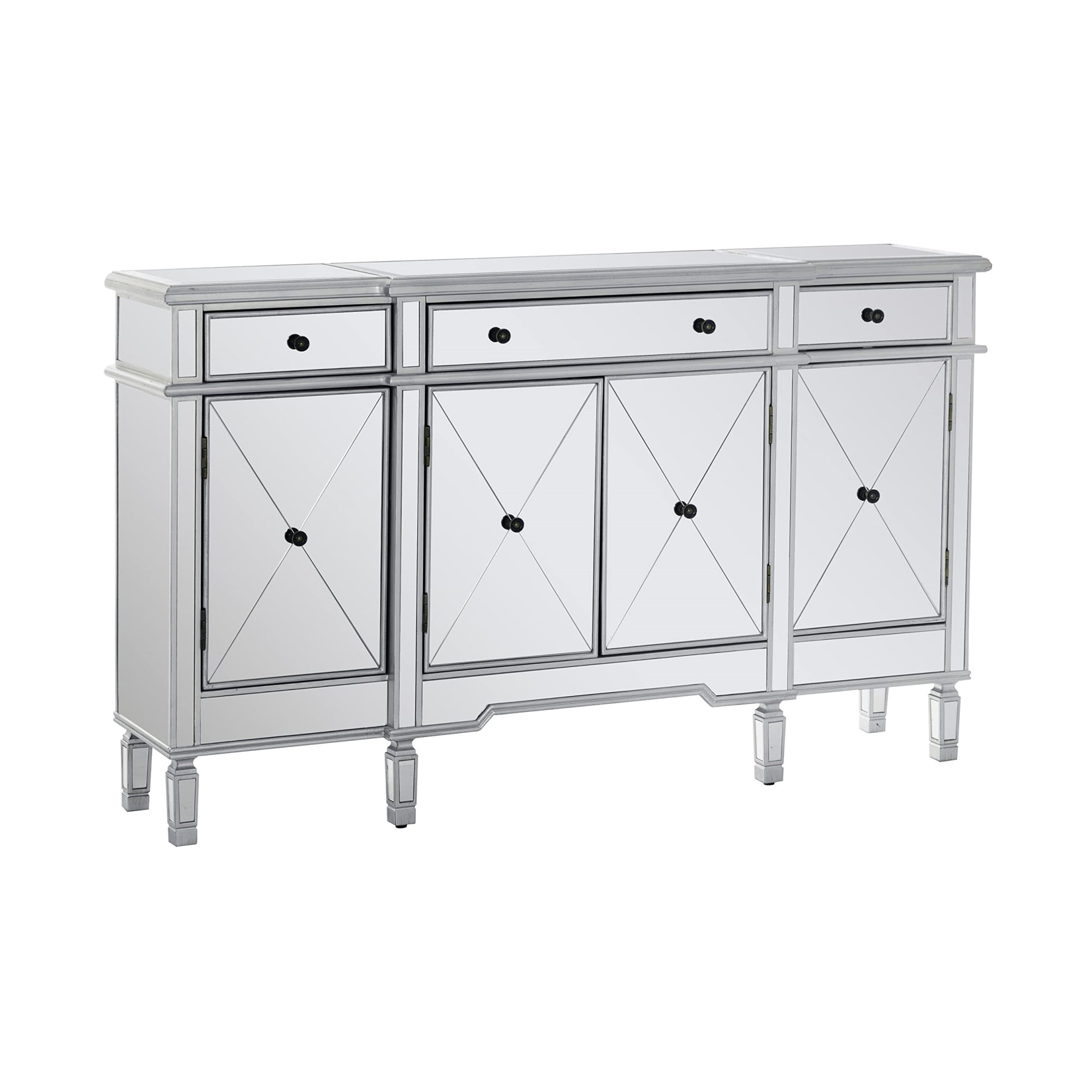 Silver Mirrored Glass TV Stand with Storage Drawers and Doors