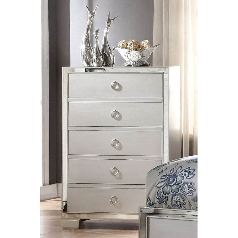 Mirrored 5 Drawers Chest, Modern Solid Wood Accent Storage Cabinet with  Silver Finish and Crystal Knobs, 31 Tall Bedroom Dresser, Beautiful Wide  Chest of Drawers Sofa Table for Living Room, Silver 