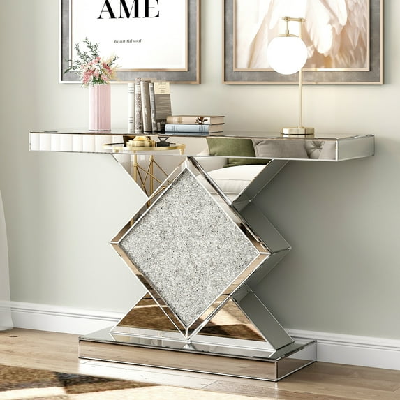 Mirrored Accent Console Table in Silver Entryway Table with Diamond Square Shaped Mirror Finished Rectangular Table