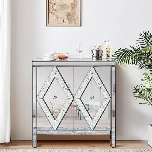 Mirrored Accent Storage Cabinet,Modern Buffet Sideboard Console Table with Diamond Shape Decorative Mirror Door for Entryway, Living Room, Entryway,Bedroom (C-Silver)