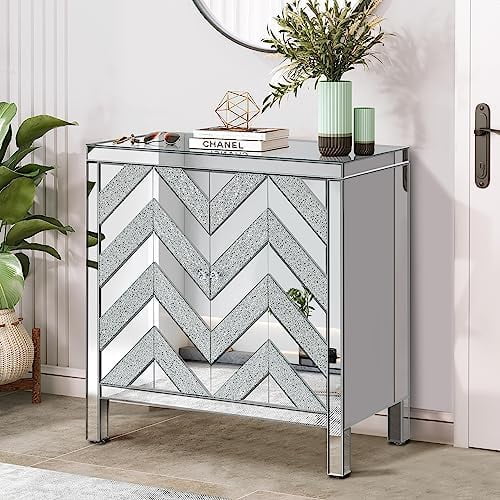 Mirrored Accent Storage Cabinet,Modern Buffet Sideboard Console Table with M Shape Decorative Mirror Door for Entryway, Living Room, Entryway,Bedroom (D-Silver)