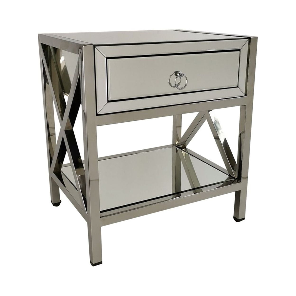 Contemporary Silver Mirrored Accent Table with Storage