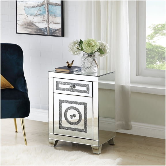 Mirrored Accent Table with Faux Diamonds, Silver Glamorous Side Table with 2 Storage Drawers for Living Room, Bedroom