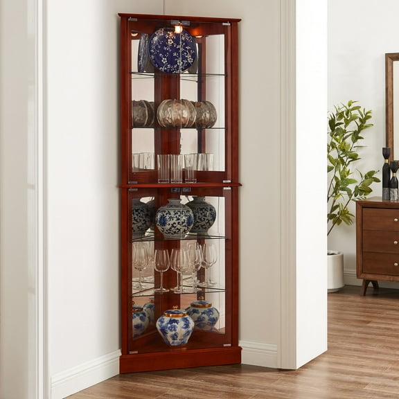 Mirrored Back Adjustable Glass Shelves Classic Finish Corner Curio Display Cabinet Lights(E26 light bulb not included)