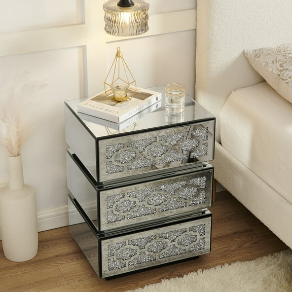 Mirrored Bedside Nightstand, Modern Side Table with 3 Drawers, Silver Accent End Table with Crushed Diamonds for Bedroom, Dorm, Living Room, 17.7"W x 13.8"D x 23.6"H