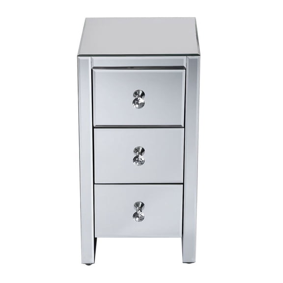 Mirrored Bedside Table with 3 Drawers, Small Nightstand, Modern Bedroom Furniture, Glass Accent Table, Crystal Knobs, White