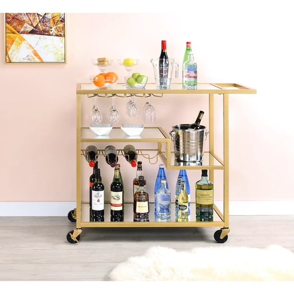 Mirrored & Champagne Finish Serving Cart With Food Storage, 5mm Mirror Top Shelves, Metal Frame, Wine Bottle/stemware Rack, Caster Wheels, 3 Open Compartments, 70lbs Weight, 40lbs Shelf Weight