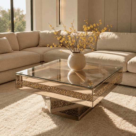 Mirrored Coffee Table,31.5" Square Center Table with Sparkling Crystal Base | Luxury Gold Mirrored Coffee Table, Diamond Glass Finish for Living Room,Apartment,Office