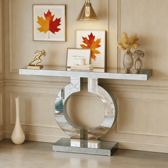 Mirrored Console Table with Acrylic Diamond Finish Modern Glam Entryway Table Long Sofa Table for Living Room Hallway Bedroom O Shaped Base Glass Top Glamorous Decor Narrow Foyer Table 43.11Inch Wide