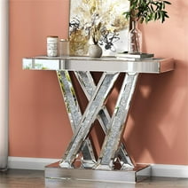 Mirrored Console Table/Desk, Glam Style W-Shape Silver Entryway Table Inlay with Sparkly Crushed Crystals, Accent Table for Living Room Hallway Entrance