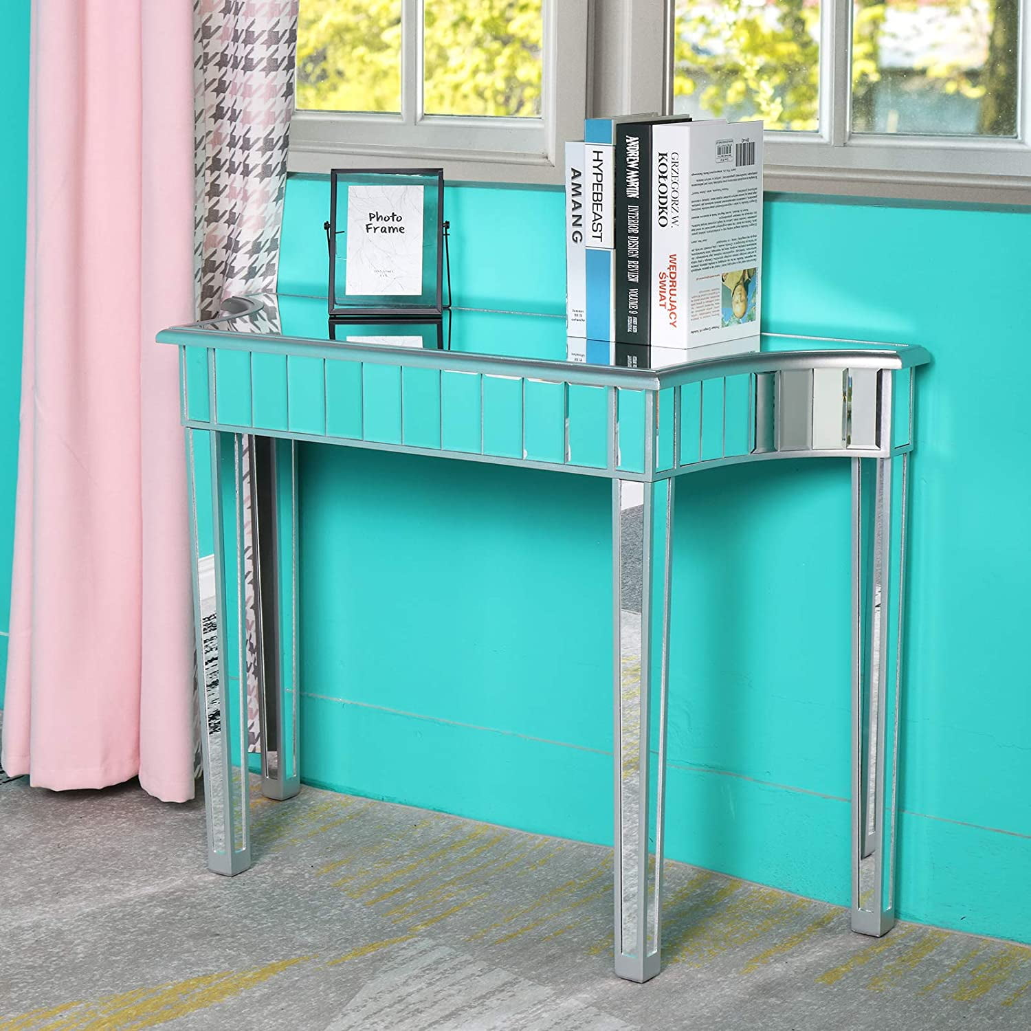 Mirrored Console Table Modern Scalloped Sofa Side Table Silver Entry