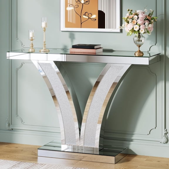 Mirrored Console Table, Modern Sliver Entryway Sofa Table with Crystal Inlay Frames for Living Room, Hallway, Foyer