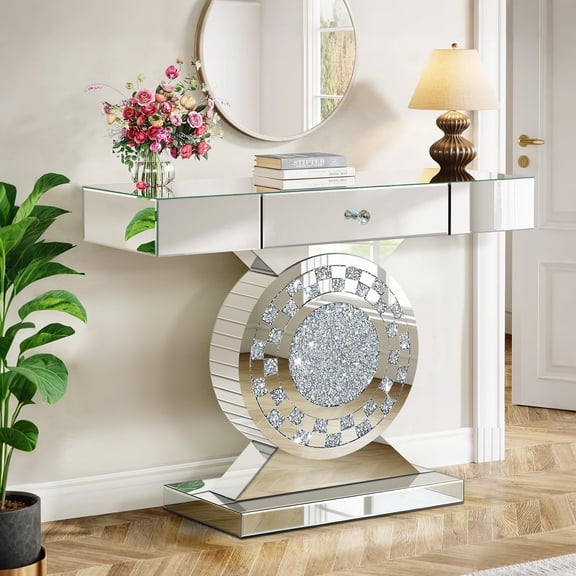 Mirrored Console Table with Storage Drawer, 39.37" Silver Glam Entryway Table with Crushed Diamond Inlay Round Base, Glass Top Mirrored Sofa Table, Decorative Hallway Table for Living Room Foyer