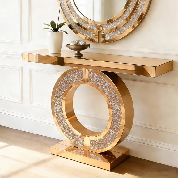 Mirrored Console Table With Crushed diamond Inlay, Long Entryway Sofatable, 0-Shaped Base Modern Accent Narrow Table(Brown)