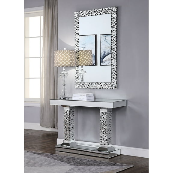 Mirrored Console Table With Faux Gems, 31in High, 47in Wide, Silver Sophisticated & Gems Table, 14in Depth, Metal Synthetic Wood,