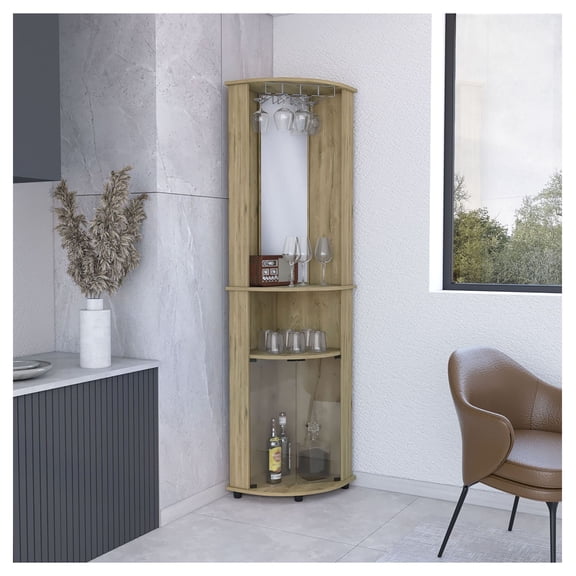 Mirrored Corner Bar Cabinet, 75" Home Bar with Glass Doors & Stemware Rack - Macadamia Finish - Two Shelves, Liquor Storage, Display Cabinet