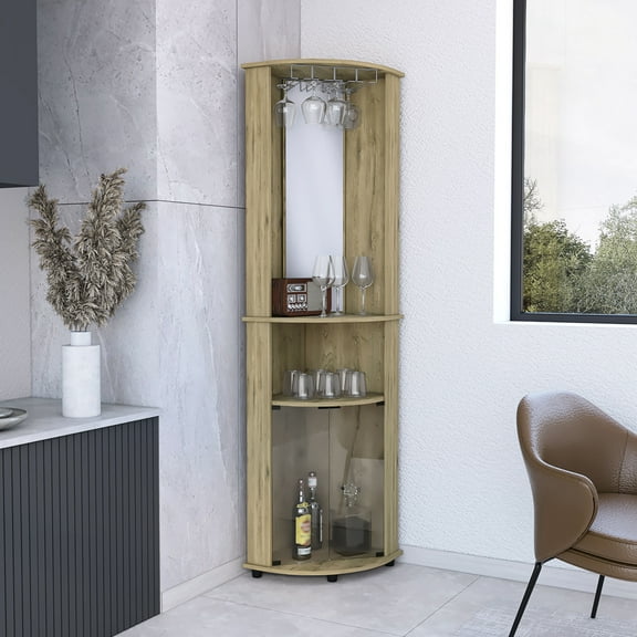 Mirrored Corner Bar Cabinet, 75 Inches High, With Glass Doors And Shelf Clamps 75" H, Shelves For Barware
