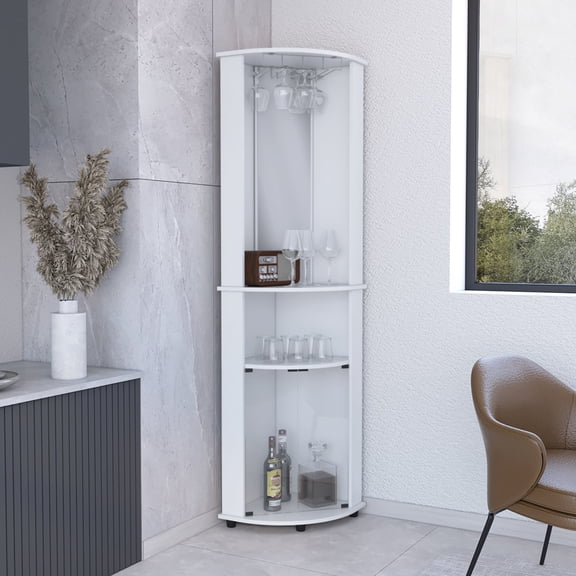 Mirrored Corner Bar Cabinet with Shelves | Display Items in Dining Room | Particle Board Design | Meet Wine Glass Storage Need