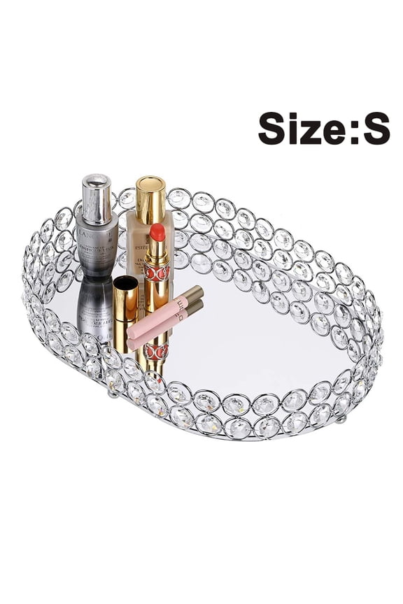 Mirrored Crystal Vanity Makeup Tray, Ornate Jewelry Trinket Decorative Tray Cosmetic Perfume Display Organizer Tray,Home Decor Tray for Dresser/Bathroom Ellipse