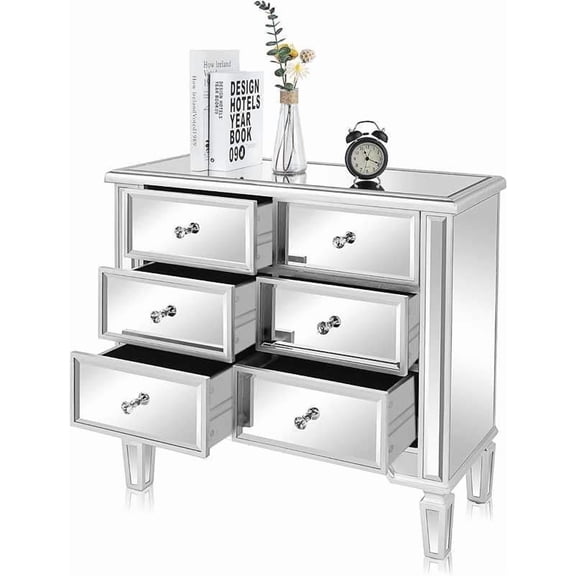 Mirrored Dresser for Bedroom with 6 Storage Drawer Modern Chest of Drawers, Silver, 32L x 12W x 28H