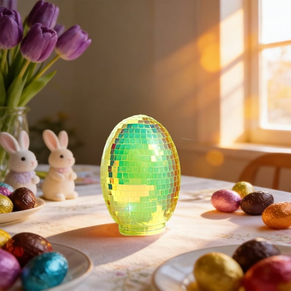 Mirrored Easter Eggs, Fillable Shiny Plastic Easter Eggs, Reflective Disco Ball Decorations, Easter Egg Desktop Ornaments, with Lighted, for Holiday Party Basket Fillers, Battery Not Included,1Pc