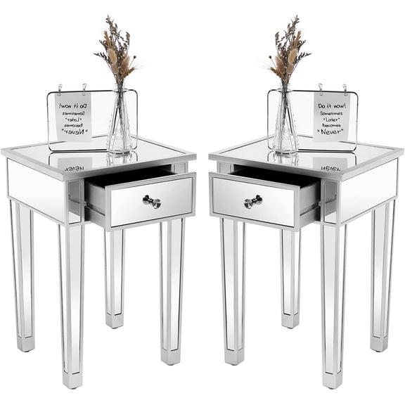 Mirrored End Table with Drawer Silver Modern Nightstand/Bedside/Accent Table Set of 2 for Small Space,Living Room,Bedroom,15.7" L x 15.7" W x 24" H,Mirror