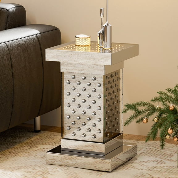 Mirrored End Table with LED Light, Mirrored Nightstand with Crushed Diamonds, Silver Side Table with Heavy Duty Base for Living Room, Bedroom and Office