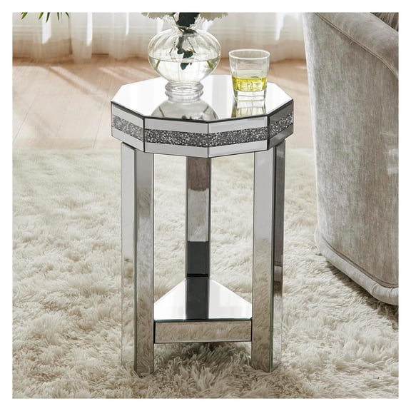 Mirrored End Table Modern Octagon Side Table with Crystal Design Decorative Glass Accent Small Silver Sofa Table Bedside Table for Home Decoration Crystal Bed Night Stand