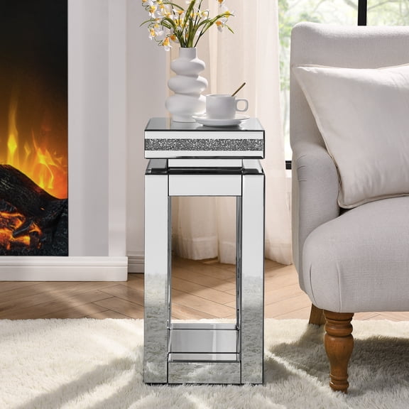 Mirrored End Table Square with Crystals Inlay, 2-Tier Modern Small Sofa Table with Storage, Silver Accent Table for Living Room, Bedroom, Coffee, and Small Spaces 11.8"D x 11.8"W x 26"H