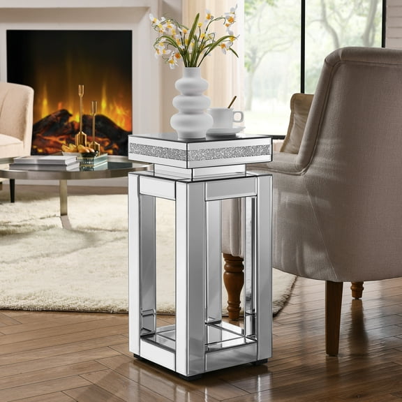 Mirrored End Table Square with Crystals Inlay, 2-Tier Modern Small Sofa Table with Storage, Silver Accent Table for Living Room, Small Spaces 11.8"D x 11.8"W x 26"H