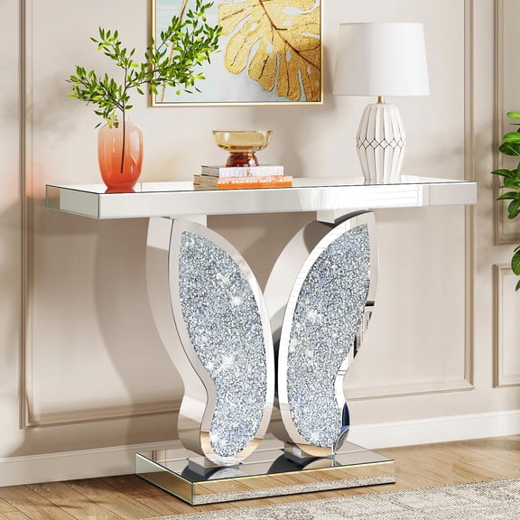 Mirrored Entryway Console Table with Crushed Diamond Inlay, 39.37" Silver Glass Hallway Table for Entryway, Glam Butterfly Decorative Sofa Tables for Living Room