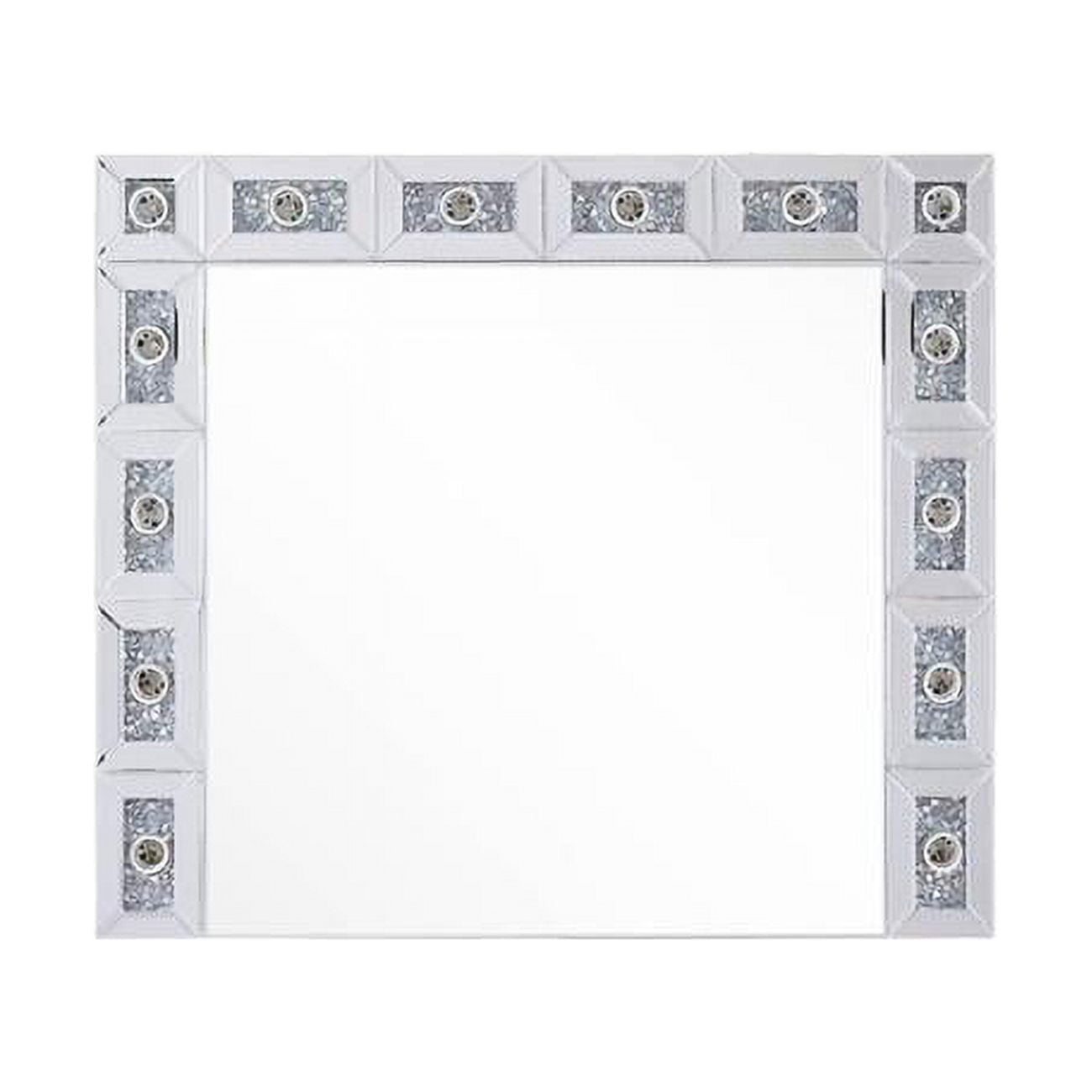 Elegant Rectangular Silver Wall Mirror with Faux Diamonds and LED Lights - 32x28 in