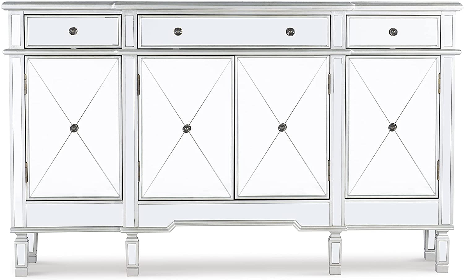 Silver Mirrored Glass TV Stand with Storage Drawers and Doors