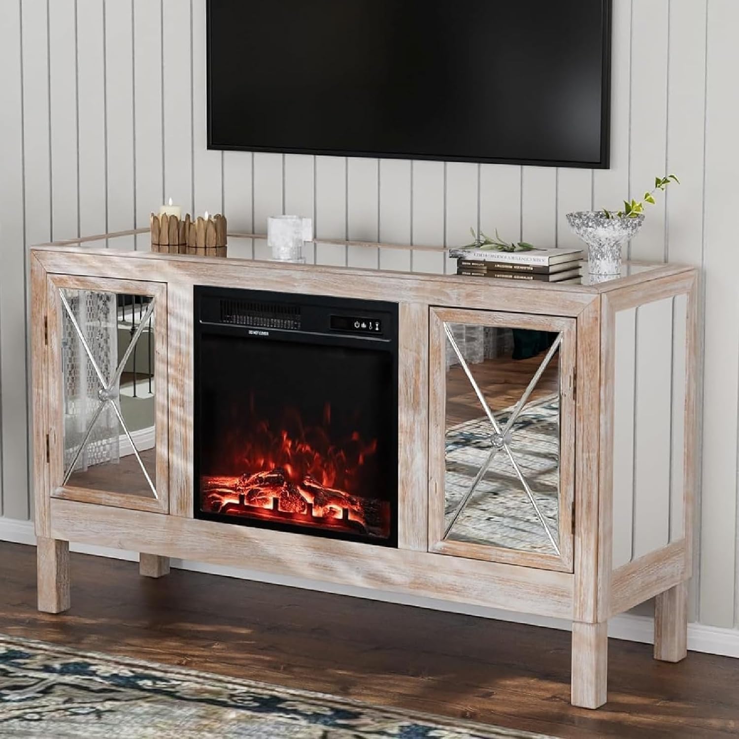 Mirrored Fireplace TV Stand, Assembled Farmhouse Modern Entertainment