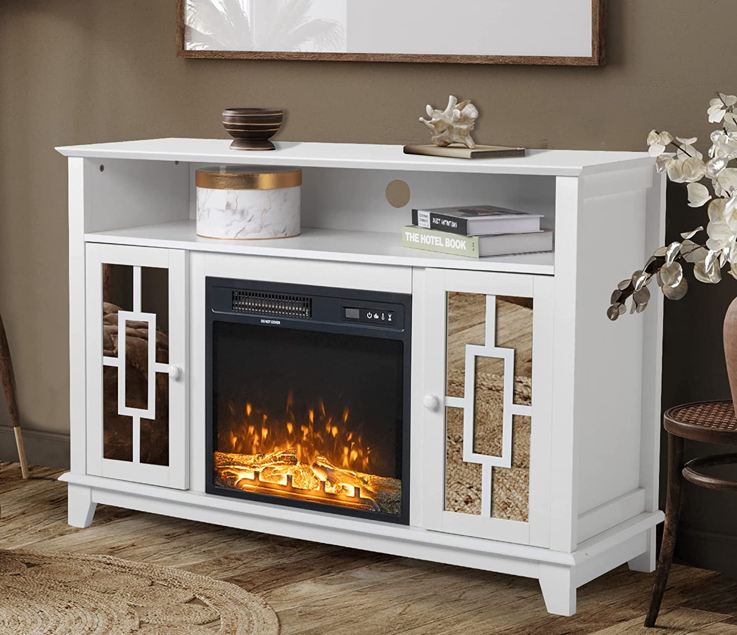 Mirrored Fireplace TV Stand, Farmhouse Modern Entertainment Center with