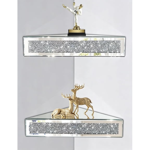 Mirrored Floating Corner Shelf Set of 2 - 11.8" Triangle Silver Mirror Crushed Diamond Wall Shelves for Home Decor, Crystal Diamond Art Deco Display for Living Room, Bedroom - 90Right Angle Only