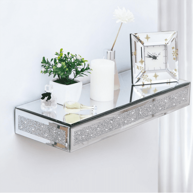 Mirrored Floating Wall Shelf Crystal WallMounted Storage Organizer