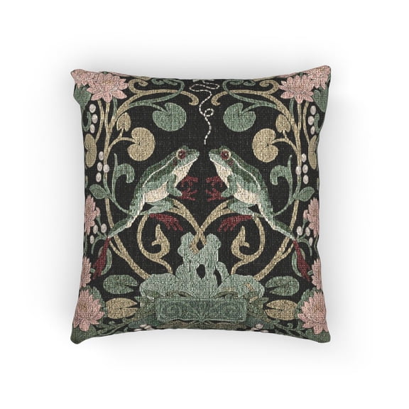 Mirrored Frogs, Water Lilies and Floral Vines Charcoal, Sage and Dusty Pink Decorative Woven Pillow