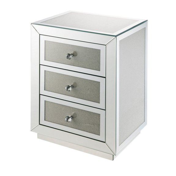 Mirrored Glamour Accent Table with Crystal Knobs and Faux Diamond Inlay for Bedroom or Living Room