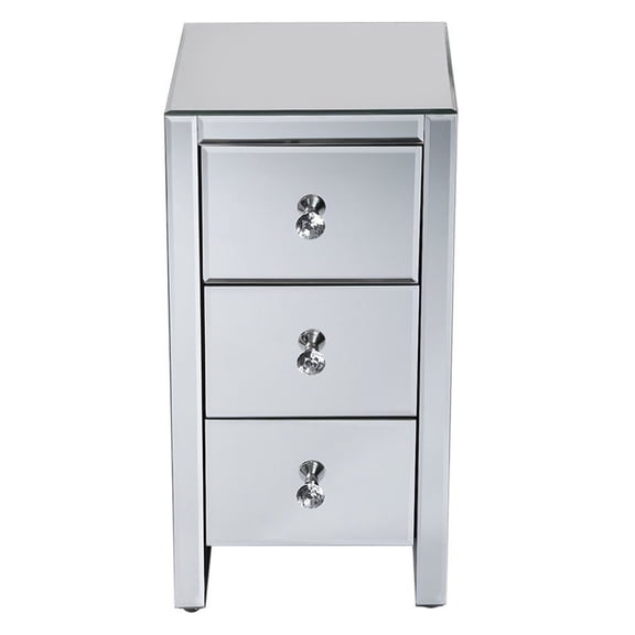 Mirrored Glass Bedside Nightstand with 3 Drawers, Glam Mirrored Storage Cabinet with Crystal Knobs, MDF Frame End Table, Modern Accent Furniture for Bedroom, Boudoir