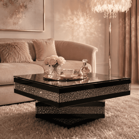 Mirrored Glass Coffee Table Acrylic Diamond Square,Modern Three-Layer Centre Table with Dazzling Crushed Crystal Border