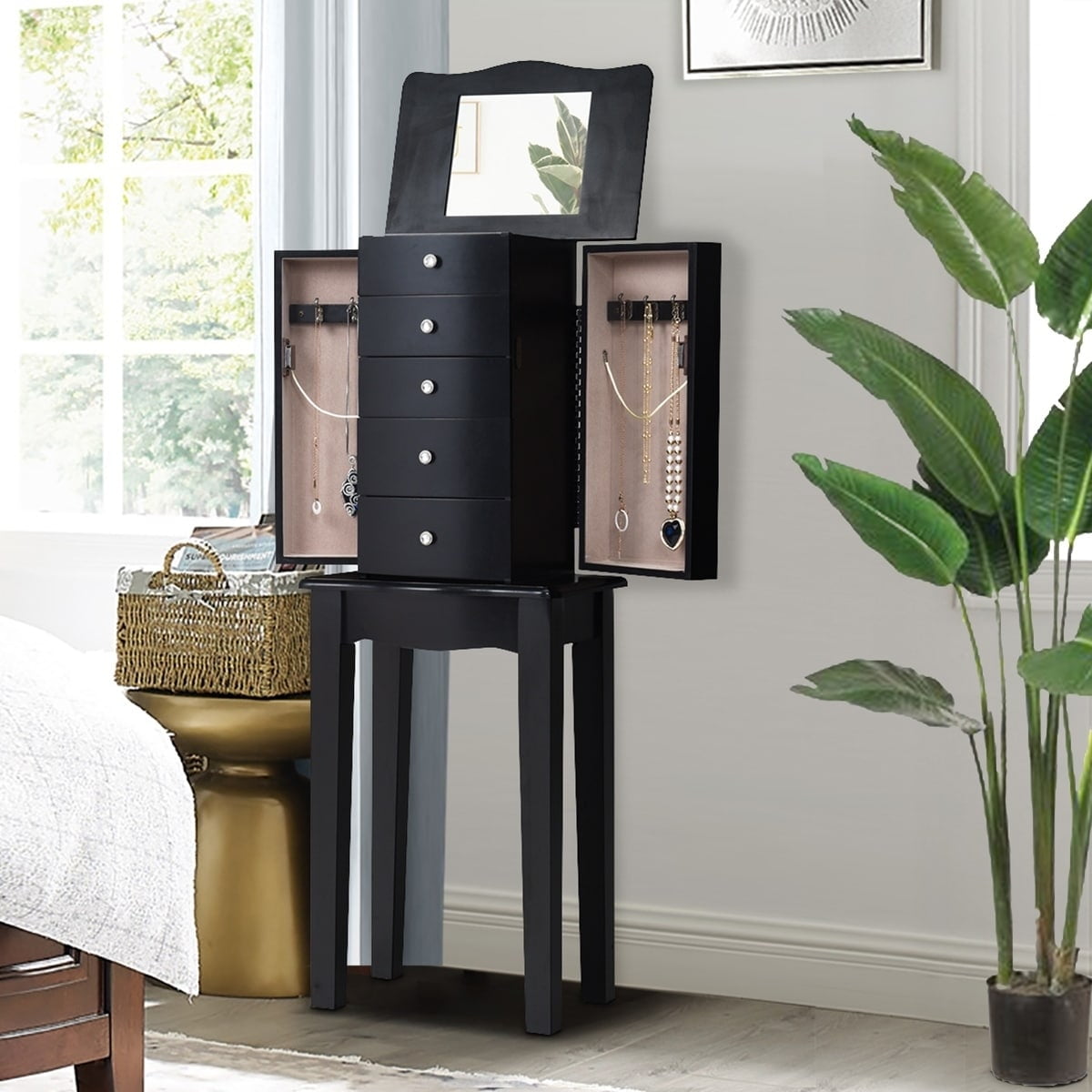 Black Mirrored Jewelry Cabinet Armoire with Storage Drawers
