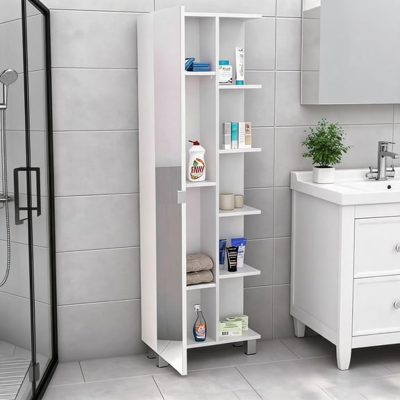 Mirrored Linen Cabinet with Louvered Door for Bathroom, Soft White Finish, Four Interior Shelves, 62-Inch