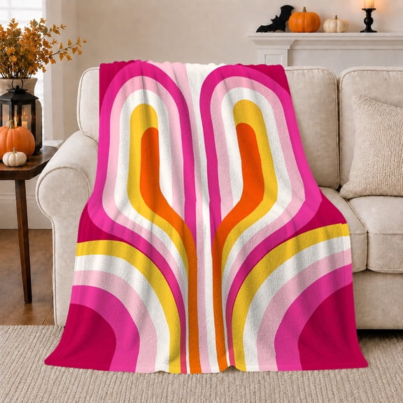 Mirrored Magenta And Orange Rainbow Arches, Retro Geometric Style for Retro Decor Enthusiasts, Housewarming Gift with Cozy Flannel Blanket, Home Decor for Bedroom And Living Room And Dorm Room