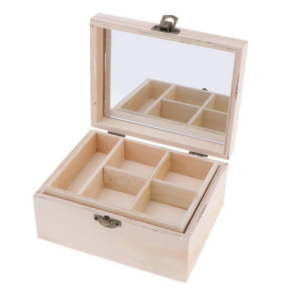 Mirrored Makeup Organizer Plain Wooden Storage Box Wood Jewelry Case Display