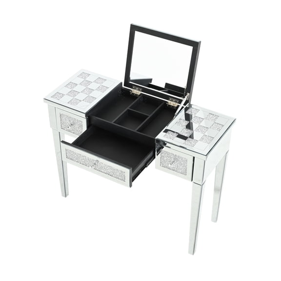 Mirrored Makeup Vanity Desk with Crushed Diamond Inlay, Silver Dressing Table with Flip-Top Mirror, Glass Console Table for Bedroom, Entryway, Dressing Room, Silver