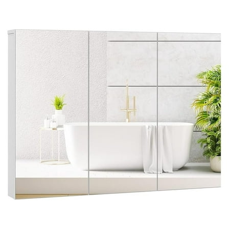 Mirrored Medicine Cabinet, Large Wide Wall Mounted Storage Cabinet with 3 Mirror Doors & Adjustable Shelf, Hanging Bathroom Organizer, White, 36 x 4.5 x 25.5 Inches