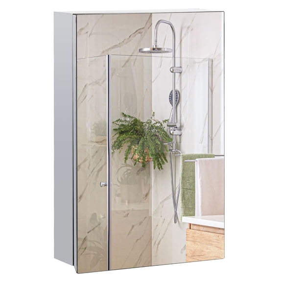 Mirrored Medicine Cabinet Wall Mounted, 3-Tier Bathroom Storage, Silver Finish Hinged Door