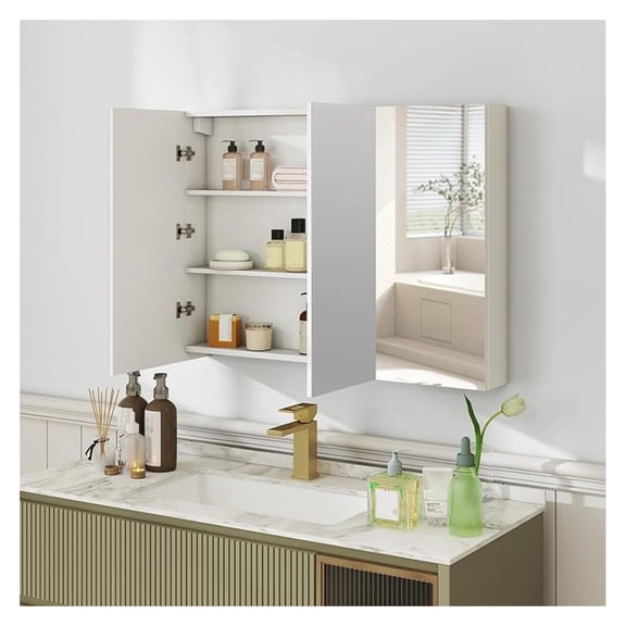 Mirrored Medicine Cabinet, Wide Wall Mounted Storage Cabinet with 3 Mirror Doors, Recessed Mount ed Bathroom Organizer for Home, 34.5" x 5" x 25.5" (L x W x H)