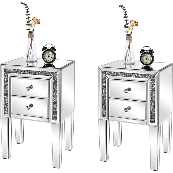 Mirrored Nightstand Set of 2, Silver Glass Sofa Side Tables, Bedroom End Tables with Storage, 24.8 inch Tall